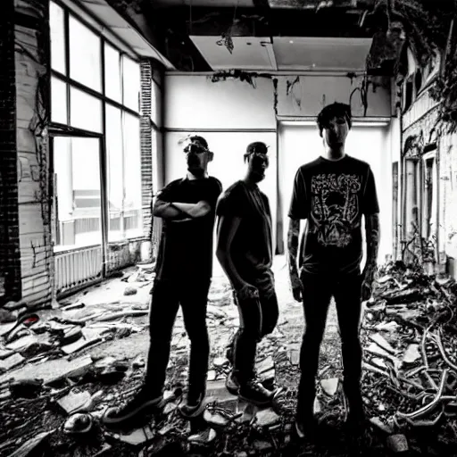 Image similar to tattooed punk band wired to their cybernetic equipment and machines, in interior of abandoned bombed out office building, moody, low light, cinematic