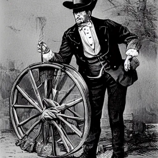 Prompt: alex jones as a 1 9 th century traveling medicine salesman wearing a top hat, selling purported miracle tonics out of a chuckwagon, western illustration by howard terpning