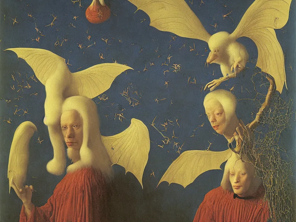 Image similar to Portrait of albino mystic with blue eyes, with beautiful exotic white fluffy bat, long antennae, giant ears. Night, fireflies. Painting by Jan van Eyck, Audubon, Rene Magritte, Agnes Pelton, Max Ernst, Walton Ford