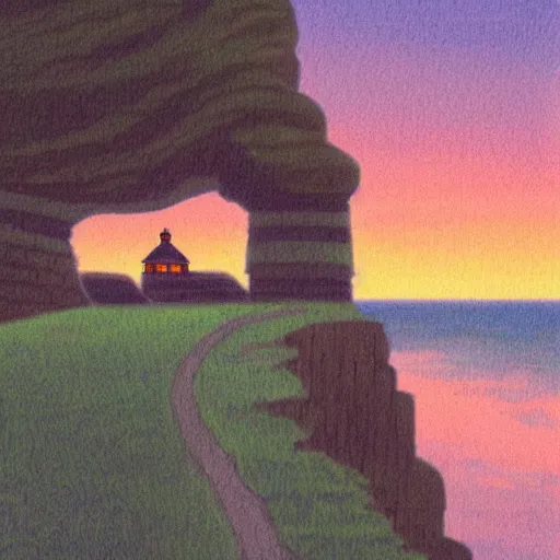 Prompt: A road leading to the lighthouse,dusk, by Ghibli