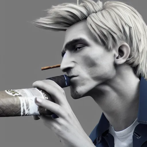 Image similar to a high quality photo of xqc smoking a cigar, 3d scene, render, ultra realistic, artstation, cgsociety