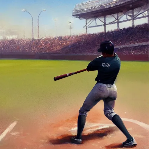 Image similar to baseball player hitting the ball with the baseball bat in the middle of the game and in front of everyone in the stadium, james gurney painting style, greg rutkowski, artstation