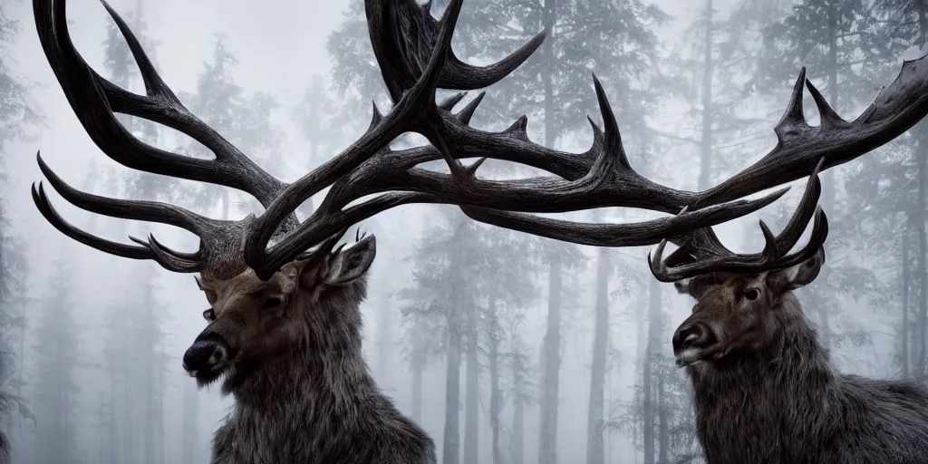 Image similar to leshen with deer skull head, and moose horns, ram skulls, grand imposing powerful sculpture. swirls of mist. occult photorealism, uhd, amazing depth, volumetric lighting, cinematic lighting. epic landscape.