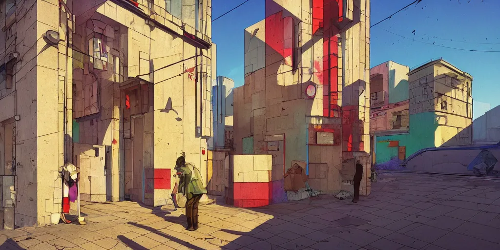 Image similar to neo brutralism, concrete housing, an archway, concept art, colorful, vivid colors, sunshine, light, shadows, reflections, oilpainting, cinematic, 3D, in the style of Akihiko Yoshida and Edward Hopper