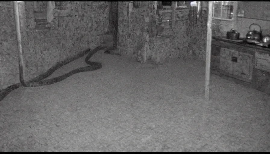 Image similar to a huge snake a man in a stalinist style kitchen, by mini dv camera, very very low quality, heavy grain, very blurry, accidental flash, webcam footage, found footage, security cam, caught on trail cam