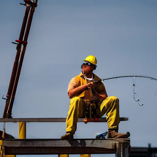 Prompt: a construction worker with a fishing rod sitting on a metal beam high over new york city, photography