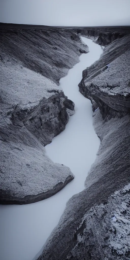 Prompt: dream looking through a hyper realistic photograph of a ice covered canyon, minimal structure, futureistm landscape, misty, icelandic valley, small stream over black rock, timed exposure, in the style of reuben wu, roger deakins