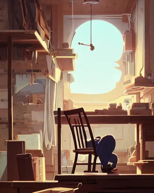 Image similar to woodworker building a new chair on his shop, detailed, cory loftis, james gilleard, atey ghailan, makoto shinkai, goro fujita, studio ghibli, rim light, exquisite lighting, clear focus, very coherent, plain background, soft painting