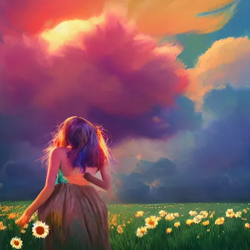 Image similar to girl with a full daisies head, surreal photography, flower field, sunset dramatic light, impressionist painting, colorful clouds, blue sky, digital painting, artstation, simon stalenhag