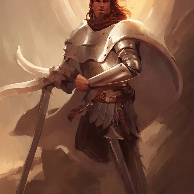 Prompt: christof romuald is a renowned brujah and a former crusader knight, lon - hair, crusader, beautiful young man, brown hair, brown eyes, without beard, without mustache, by stanley artgerm lau, wlop, rossdraws, frank frazetta, andrei riabovitchev, marc simonetti