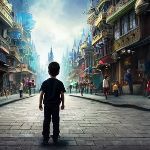 Image similar to the back of a boy standing in the streets of a fantastical fantasy city, extremely detailed and photorealistic, 8k