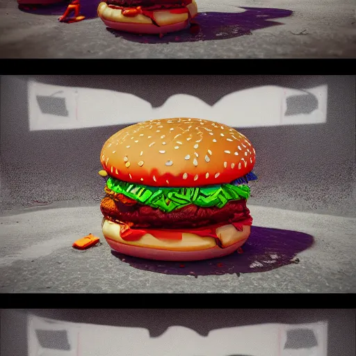 Image similar to spray paint graffiti hamburger, high details, cinematic, 8k resolution, beautiful detailed, insanely intricate details, artstation trending, octane render, unreal engine,