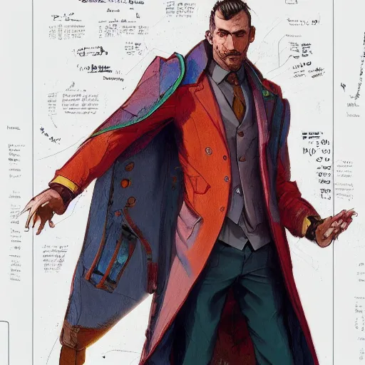Prompt: vivid colors, character sheet, fine details, front view, greg rutkowski, kim jung gi, human, suit vest, longcoat