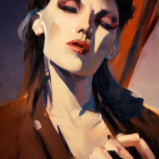 Prompt: greg manchess portrait painting of death looking at a smart phoneoverwatch character, medium shot, asymmetrical, profile picture, organic painting, sunny day, matte painting, bold shapes, hard edges, street art, trending on artstation, by huang guangjian and gil elvgren and sachin teng