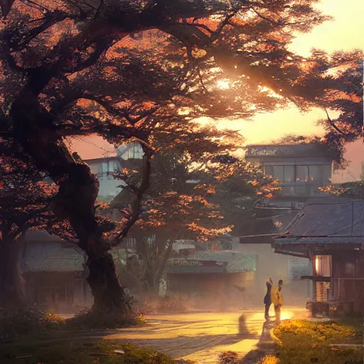 Image similar to walking around misumi west port and manda pit, kumamoto, japan. volumetric lighting, dew, spring evening, clear weather, ( few clouds ), realistic illustration, golden hour, perfectly shaded, soft painting, art by krenz cushart and wenjun lin