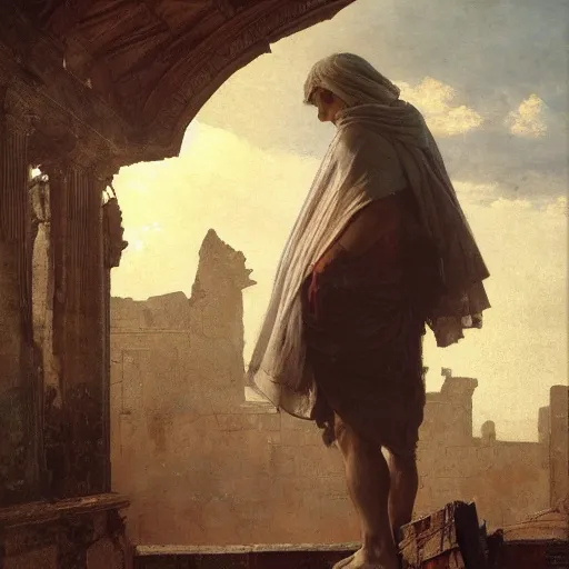 Image similar to half portait of magican wearing a cowl with big old book!, jeremy mann, jean leon gerome, tiepolo, alphonse mucha, greg rutkowski, face in the shadows, ( ( ruins of ancient rome ) ), at dusk, mysterious atmosphere, sunrays, dof, masterpiece, high detailed, 8 k