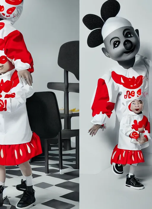 Prompt: Jollibee outfit designed by Rei Kawakubo