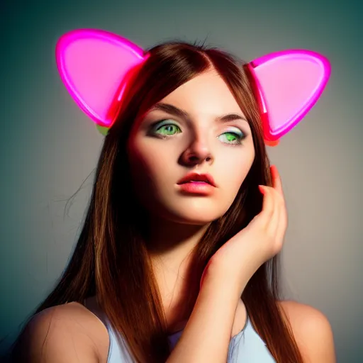 Image similar to Profile face angle of a cute young woman with robot ears and eyes, 4k, sharp focus, neon colored fluorescent lighting, Andreas Rocha