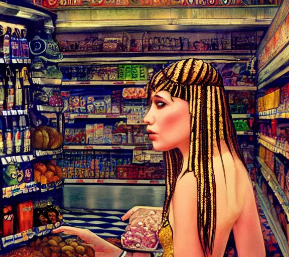 Image similar to low angle photography cleopatra in a grocery store, deep focus, intricate, elegant, highly detailed, digital painting, artstation, concept art, matte, sharp focus, illustration, art by nan goldin, cinematographyby jom jarmusch