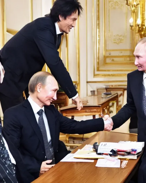 Image similar to sixty years old viktor tsoi with joyful look in a business suit shaking hands with vladimir putin in kremlin, moscow, color photo, mid shot photo, official photo, digital photo, 4 k