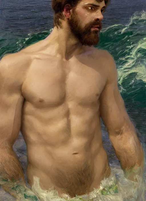 Image similar to detailed cinematic wide shot of muscular attractive young mulatto man beard slim face symmetrical face tanskin green eyes white hair wearing sea clothes, ultra realistic, spring light, painting by gaston bussiere, craig mullins, j. c. leyendecker