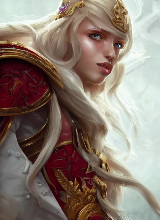 Image similar to a highly detailed illustration of beautiful long dirty blonde haired pale girl wearing epaulette uniform wearing white pants, red eyes, intricate, elegant, highly detailed, centered, digital painting, artstation, concept art, smooth, sharp focus, league of legends concept art, WLOP