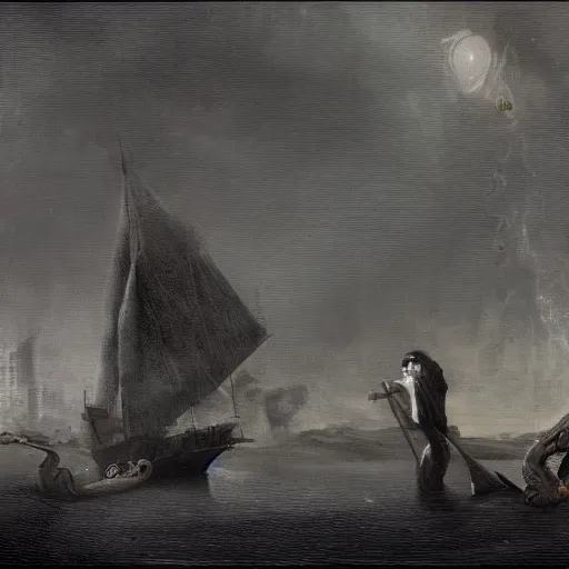 Image similar to charon on one end of a reaper boat and a london banker sitting on the other end on the river styxx with submerged buildings in the backround