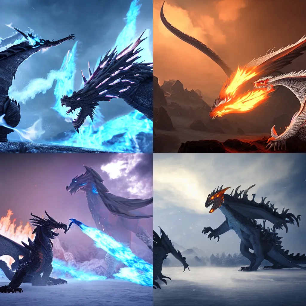 Prompt: A fire dragon and an ice dragon fight in the sky, epic, Unreal engine, 8K