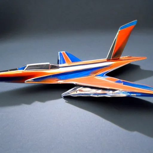 Image similar to Chrome fighter jet, blue and orange chrome, shiny, desert chrome, 19801980s airbrushed chrome