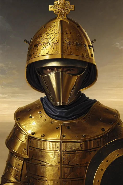 Image similar to man looking forward in iron decorated with gold baroque style christian crusader armor, cylindrical helmet covering all his head decorated with golden cross on front it's front and white cape covering most of his body standing at the gates of jerusalem drawn by greg rutkowski realistic high detail