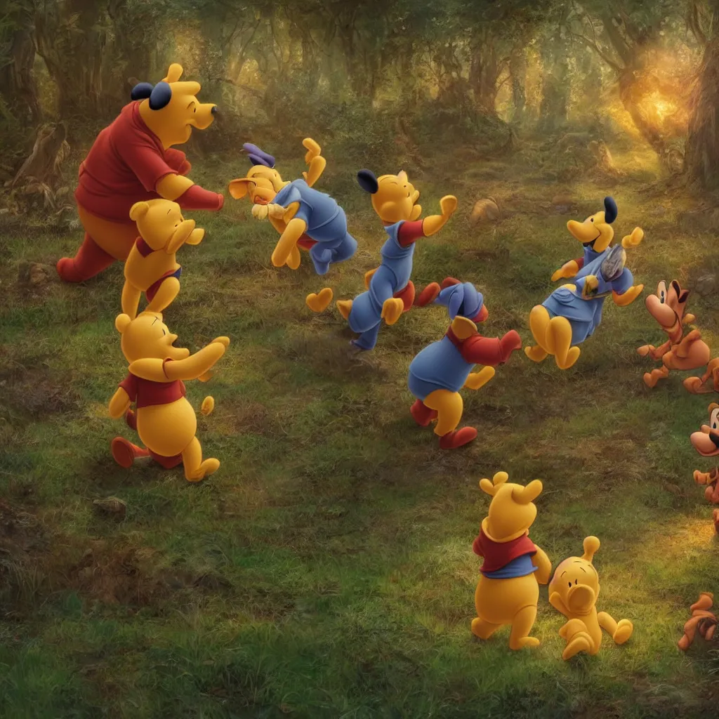 Image similar to epic finale scene of winnie the pooh being subdued by goofy and donald duck, highly detailed, volumetric lighting, epic light, cinematic, ultra detailed, by Leesha Hannigan, Ross Tran, Thierry Doizon, Kai Carpenter, Ignacio Fernández Ríos