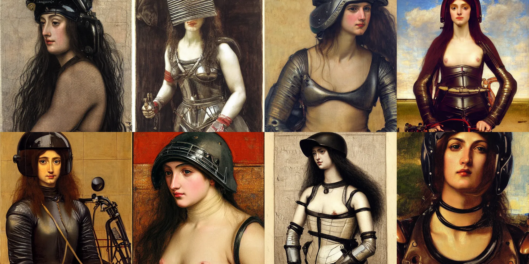 Prompt: a detailed painting of lady godiva in motorcycle helmet standing in front of a motorcycle motorbike by thomas kinkad valentin de boulogne, dante gabriel rossetti, perfect symmetrical face, hyper realism, fine art hyperrealism