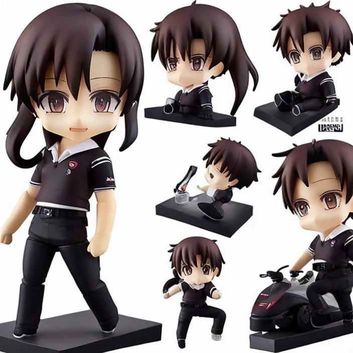 Image similar to a anime nendoroid of elon musk wear white polo and black shoe, car tesla 3, figurine, product photo, detailed