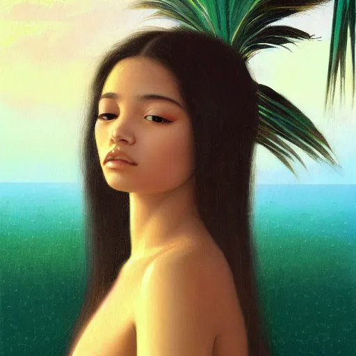 Prompt: a ultradetailed beautiful painting of a latina brazilian girl in amazonas beach by hsiao ron cheng, ngai victo, nivanh chanthara jean delville wlop and dougherty patrick, trending on artstation, mediterranean, palm trees, light sparkles, major arcana sky, sharp focus, soft light