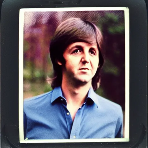 Image similar to Colored Colorized Polaroid Portrait of a younger 1970s 35 year old Paul McCartney, taken in the 1970s, photo taken on a 1970s polaroid camera, grainy, real life, hyperrealistic, ultra realistic, realistic, highly detailed, epic, HD quality, 8k resolution, body and headshot, film still, front facing, front view, headshot and bodyshot, detailed face, very detailed face, by Andy Warhol