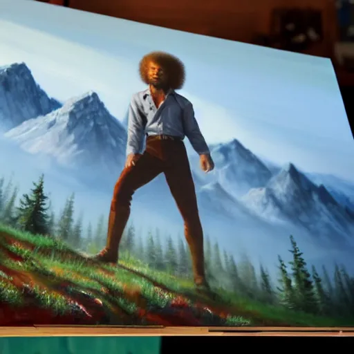 Image similar to a closeup photorealistic photograph of bob ross working on a canvas painting of superman. film still. brightly lit scene. mountains and trees. this 4 k hd image is trending on artstation, featured on behance, well - rendered, extra crisp, features intricate detail, epic composition and the style of unreal engine.