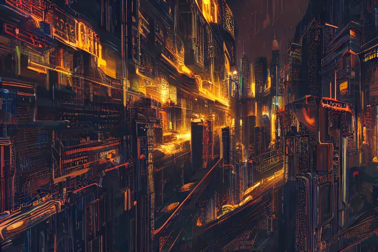 Prompt: abstract depiction of a complex city where the connections are seen as streaks of intense light, ultradetailed, polished, cyberpunk style, 8 k, trending on artstation