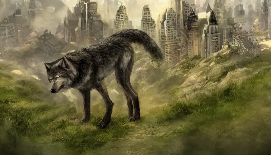 Image similar to digital art, trending on artstation, a wolf on a beautiful green mountain watching a horrible zombie city