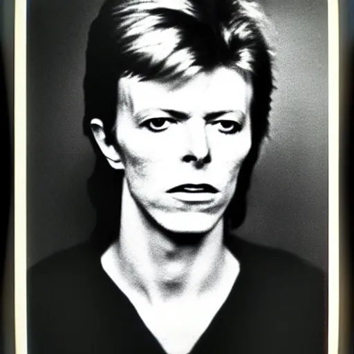 Prompt: Mugshot Portrait of Young David Bowie, taken in the 1970s, photo taken on a 1970s polaroid camera, grainy, real life, hyperrealistic, ultra realistic, realistic, highly detailed, epic, HD quality, 8k resolution, body and headshot, film still, front facing, front view, headshot and bodyshot, detailed face, very detailed face