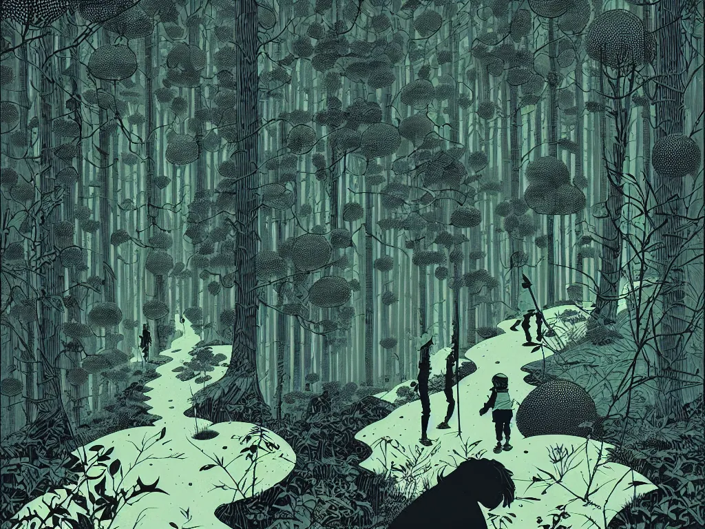 Image similar to hiking through the forest by balmy enso, jamie hewlett, nicolas delort, moebius, victo ngai, josan gonzalez, kilian eng