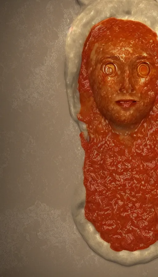 Image similar to a human fruit covered with molds and wearing pasta, showered in chili sauce, fungus, complete figure, 3 d render, photo realistic, highly detailed, vivid colors.