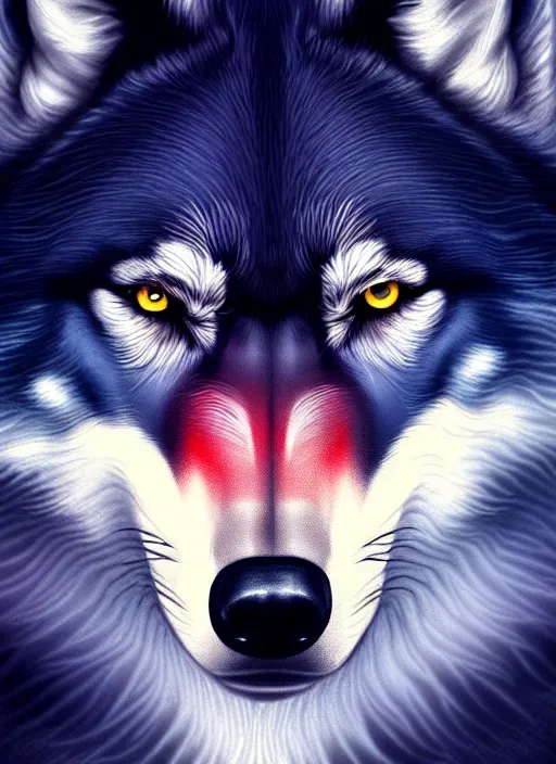 Image similar to dark blue wolf, red eyes highly detailed, deep focus, elegant, digital painting, smooth, sharp focus, illustration, ultra realistic, 8 k, art by wlop