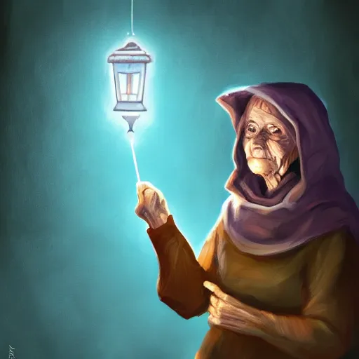 Prompt: scary old woman holding a lantern at night near a cave, digital painting, fish eye lens, detailed, appealing, colour theory, by zeenchin