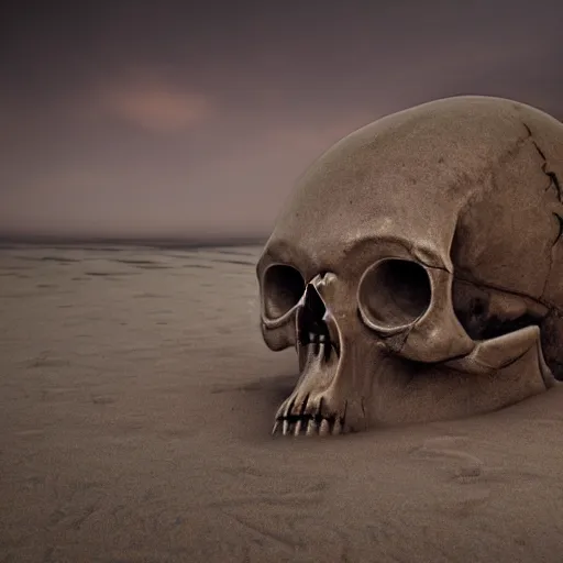 Prompt: a mysterious terrifying detailed skeleton buried in sand at the bottom of the deep ocean, dark tones, horror art, apocalyptic, volumetric light