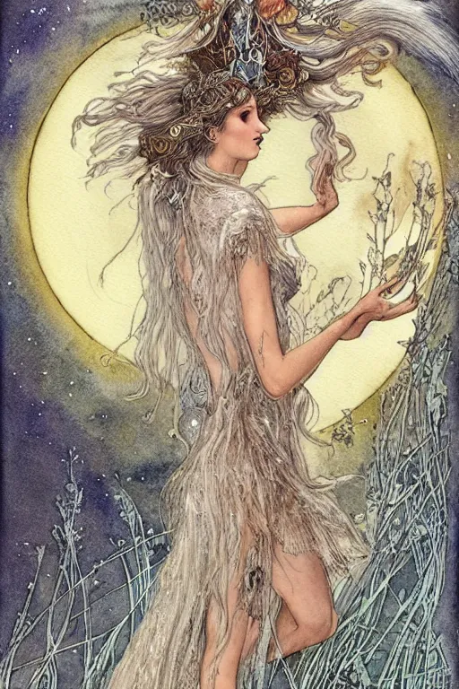 Image similar to moth princess woman howling at the moon with wild hair, art by luis royo and walter crane and kay nielsen, watercolor illustration,