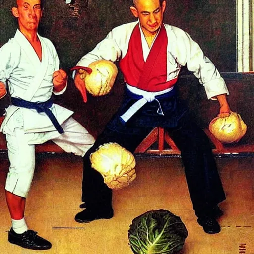 Image similar to benjamin netanyahu karate chopping a cabbage while wearing karate uniform, by norman rockwell, highly detailed