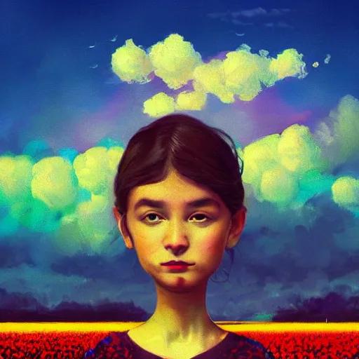 Image similar to girl with a giant tulip head, surreal photography, flower field, sunset dramatic light, impressionist painting, colorful clouds, blue sky, digital painting, artstation, simon stalenhag