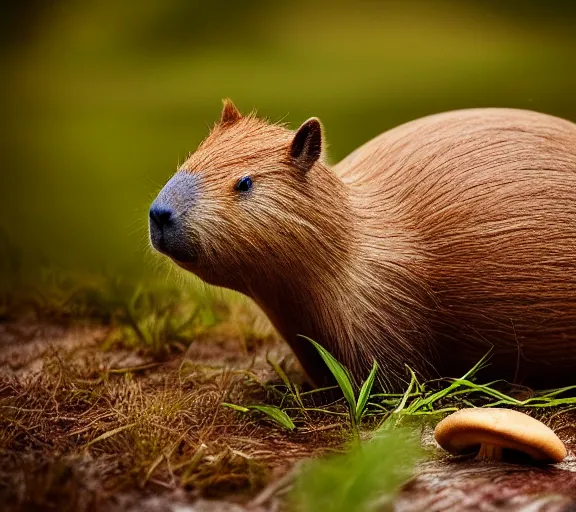 Image similar to a portrait of capybara with a mushroom cap growing on its head by luis royo. intricate. lifelike. soft light. sony a 7 r iv 5 5 mm. cinematic post - processing