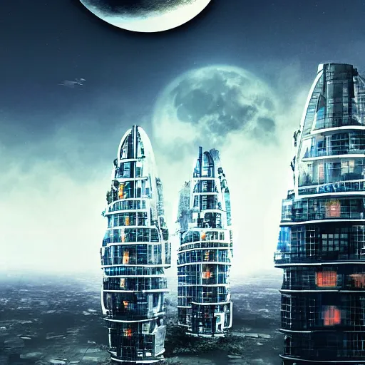Image similar to russian high - rise buildings, in the style of the futuristic future, the destroyed moon in the sky, photorealism, digital painting, 4 k,