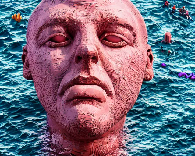 Prompt: a long shot of a giant award winning sculpture of a human head made out of a lot of inflatable pool toys, on the surface of the ocean, in the style of chad knight, hyper detailed, hyper realistic, ray tracing, 8 k resolution, sharp focus, realistic water